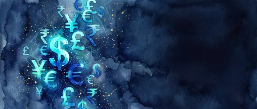 Watercolor Currency Symbols on Blue Background