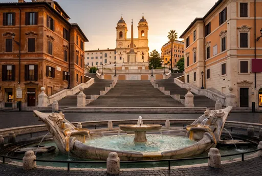 Spanish Steps and Barcaccia Fountain at Sunset