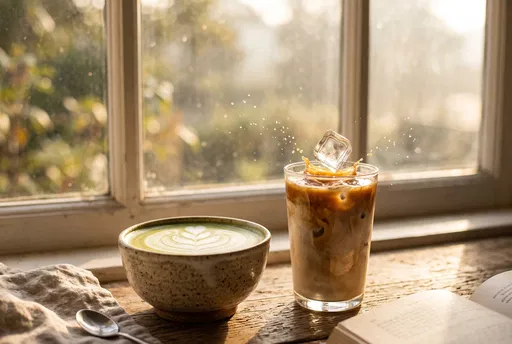 Matcha Bowl and Iced Latte by Window
