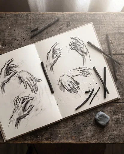 Charcoal Hand Sketches in Open Sketchbook