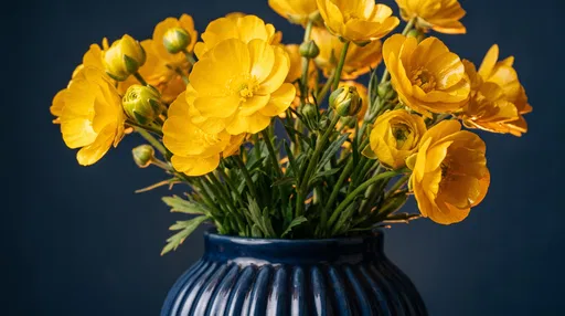 Golden Buttercup Flowers in Blue Vase