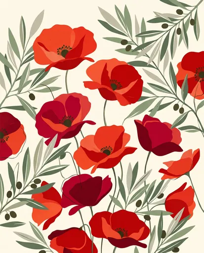 Graphic Red Poppies and Olive Branches Illustration