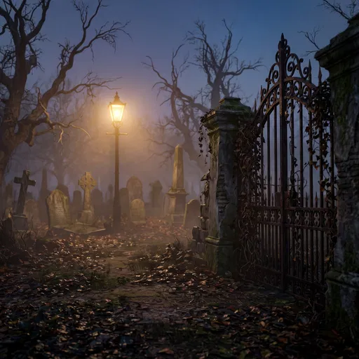 Foggy Victorian Cemetery Gate at Dusk