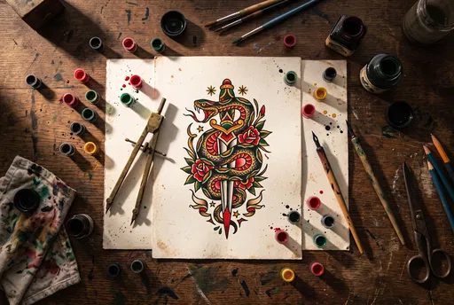 Traditional Snake and Dagger Tattoo Flash Sheet