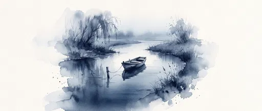 Indigo Watercolor Rowboat on Calm River