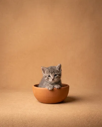 Grey Tabby Kitten in Terracotta Bowl