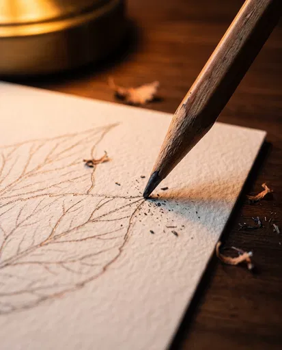 Macro Close-Up of Pencil Sketching Leaf