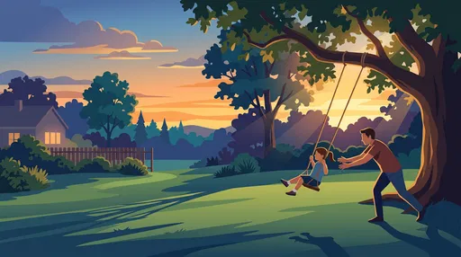 Father Pushing Child on Sunset Tree Swing