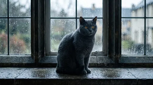 Grey Cat on Rainy Stone Windowsill