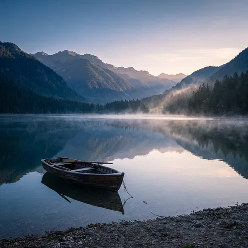 Wooden Rowboat on Misty Alpine Lake