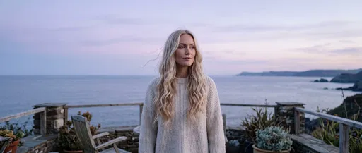 Blonde Woman on Coastal Terrace at Dusk