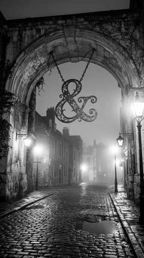 Wrought-Iron Ampersand Under Foggy Stone Archway
