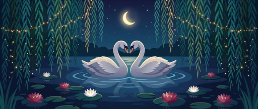 Two Swans on Moonlit Pond Illustration