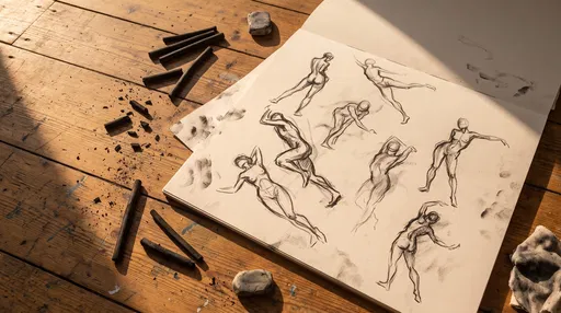 Charcoal Gesture Sketches on Sunlit Wooden Floor