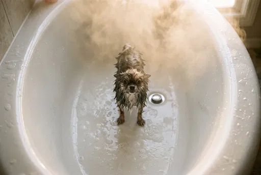Wet Pomeranian Standing in Steamy Bathtub
