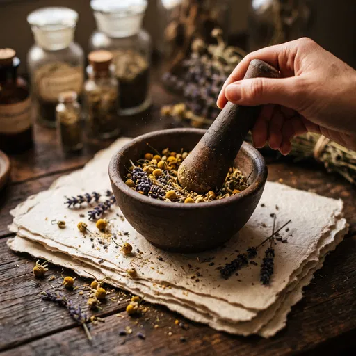 Crushing Dried Herbs in Clay Mortar