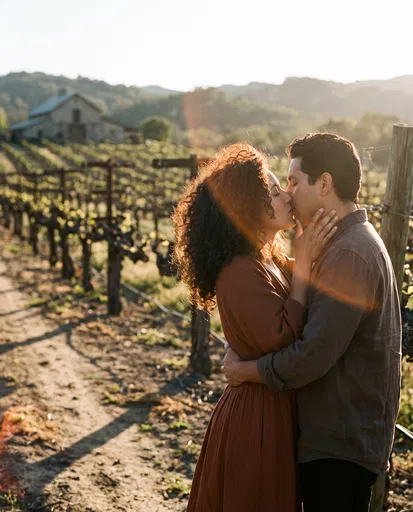 Couple Kissing in Golden Hour Vineyard