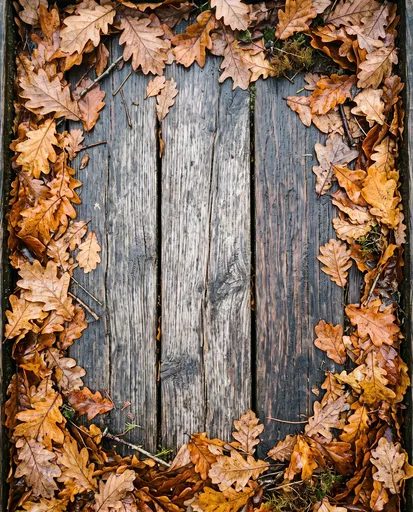 Autumn Oak Leaves Border on Wood