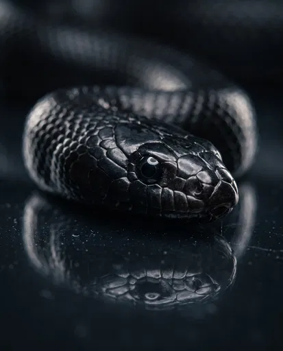 Black Kingsnake Head on Glossy Surface