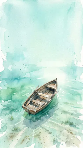 Watercolor Wooden Rowboat in Turquoise Shallows