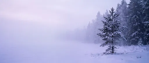 Snowy Pine Tree in Misty Woodland