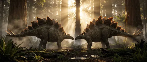 Two Stegosaurus Dinosaurs Facing in Misty Forest