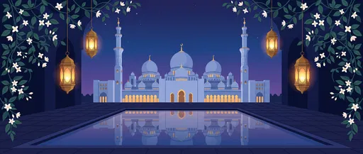 Twilight Mosque Illustration with Lanterns and Jasmine