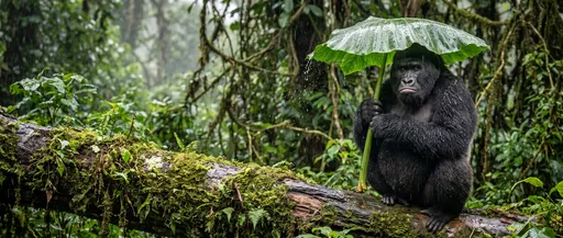 Grumpy Gorilla Holding Leaf Umbrella in Rain