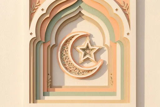 Pastel Paper Cut Islamic Crescent and Star