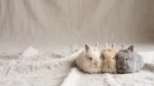 Three Fluffy Bunnies on Beige Linen