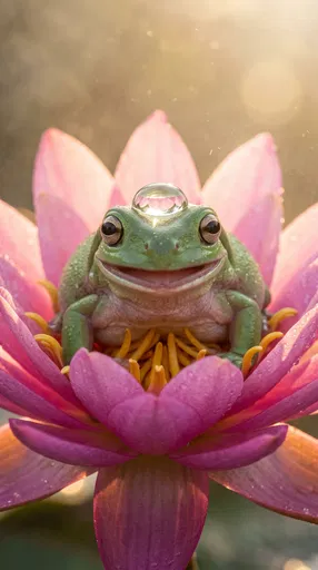 Smiling Green Frog in Pink Lotus