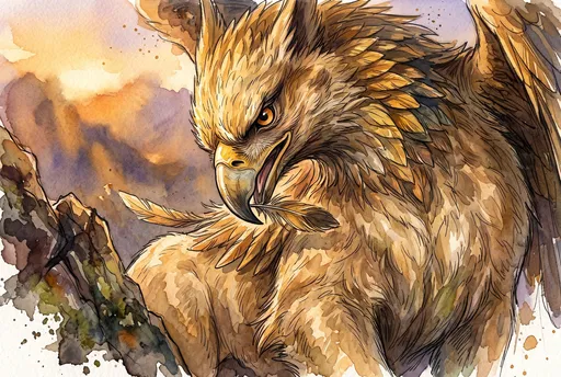 Watercolor Griffin Preening at Sunset