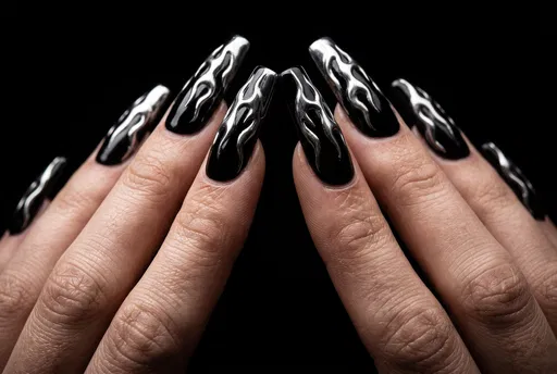 Black Coffin Nails With Chrome Flames