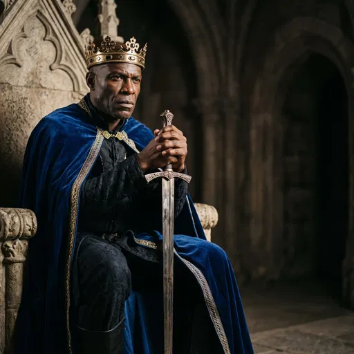 Stern Black King Holding Medieval Sword