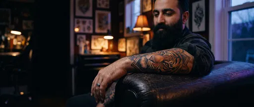 Bearded Man Showing Tiger Forearm Tattoo