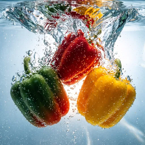 Colorful Bell Peppers Plunging Into Water