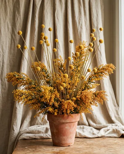 Yellow Craspedia and Mimosa in Terracotta Pot