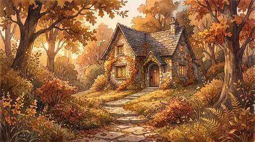 Watercolor Illustration of Cozy Autumn Stone Cottage