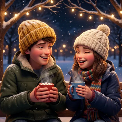 3D Teenagers Drinking Hot Cocoa in Snow