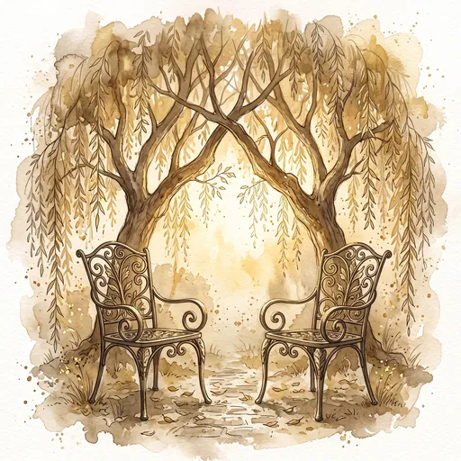 Sepia Watercolor Garden Chairs Beneath Willow Trees