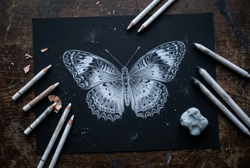 White Charcoal Butterfly Drawing Flat Lay
