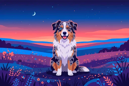 Cartoon Australian Shepherd in Twilight Meadow
