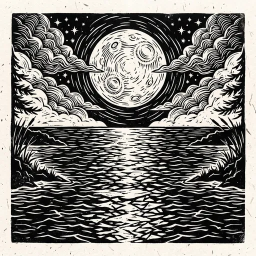 Linocut Full Moon Over Rippling Water