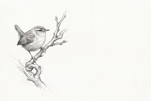 Graphite Sketch of Wren on Twig