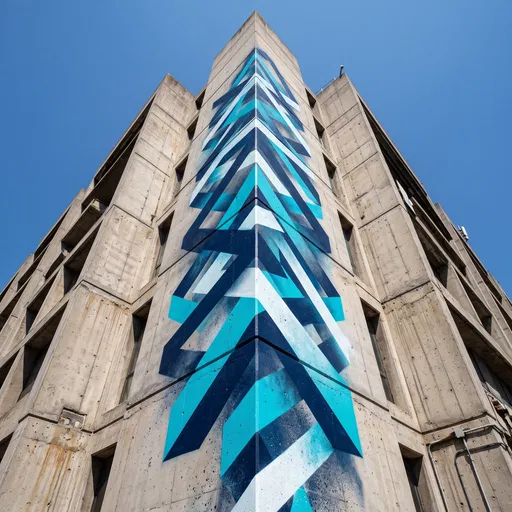 Geometric Blue Mural on Brutalist Building