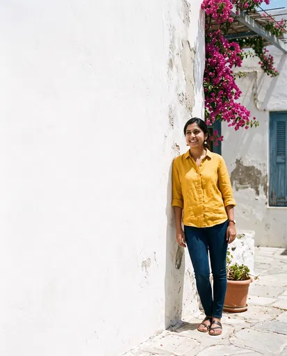 Smiling Woman Leaning Against Whitewashed Mediterranean Wall