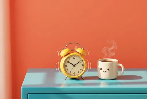 Yellow Alarm Clock and Smiling Mug