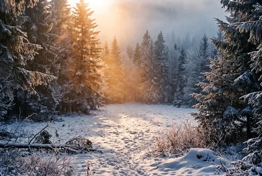 Golden Sunlight Over Frosty Winter Forest Clearing