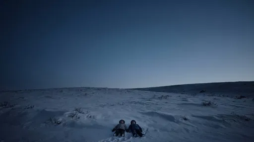Children Lying on Snowy Dusk Hill