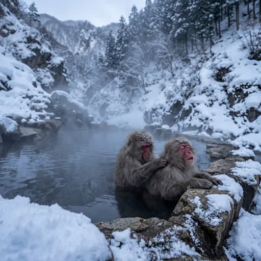 Snow Macaques Relaxing in Winter Hot Spring